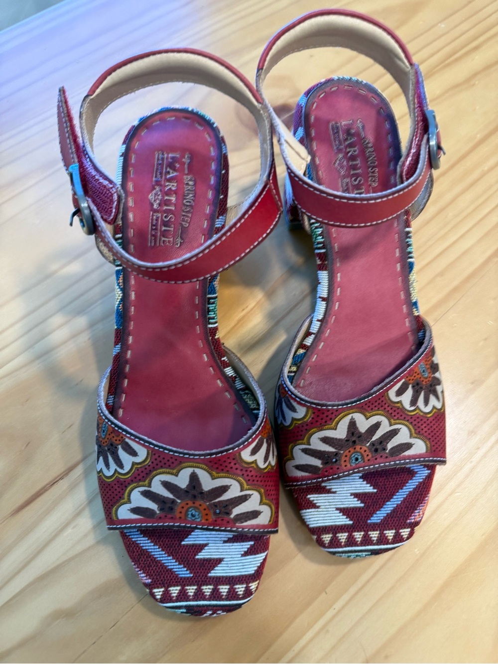 Artisanal Red Patterned Women's Ankle-Strap Sandals by ARTISTE